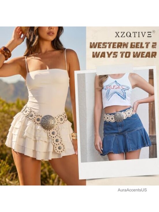 Faux Leather Western Belt with Concho Discs Adjustable Wide Belt for Dresses